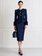 Elegant Navy Tweed Two-Piece Set with Fur Cuffs and Gold Buttons