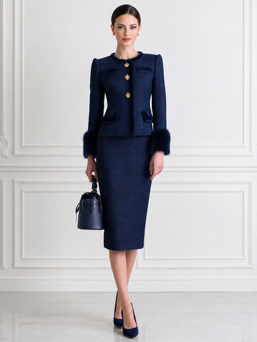 Elegant Navy Tweed Two-Piece Set with Fur Cuffs and Gold Buttons