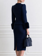 Elegant Navy Tweed Two-Piece Set with Fur Cuffs and Gold Buttons