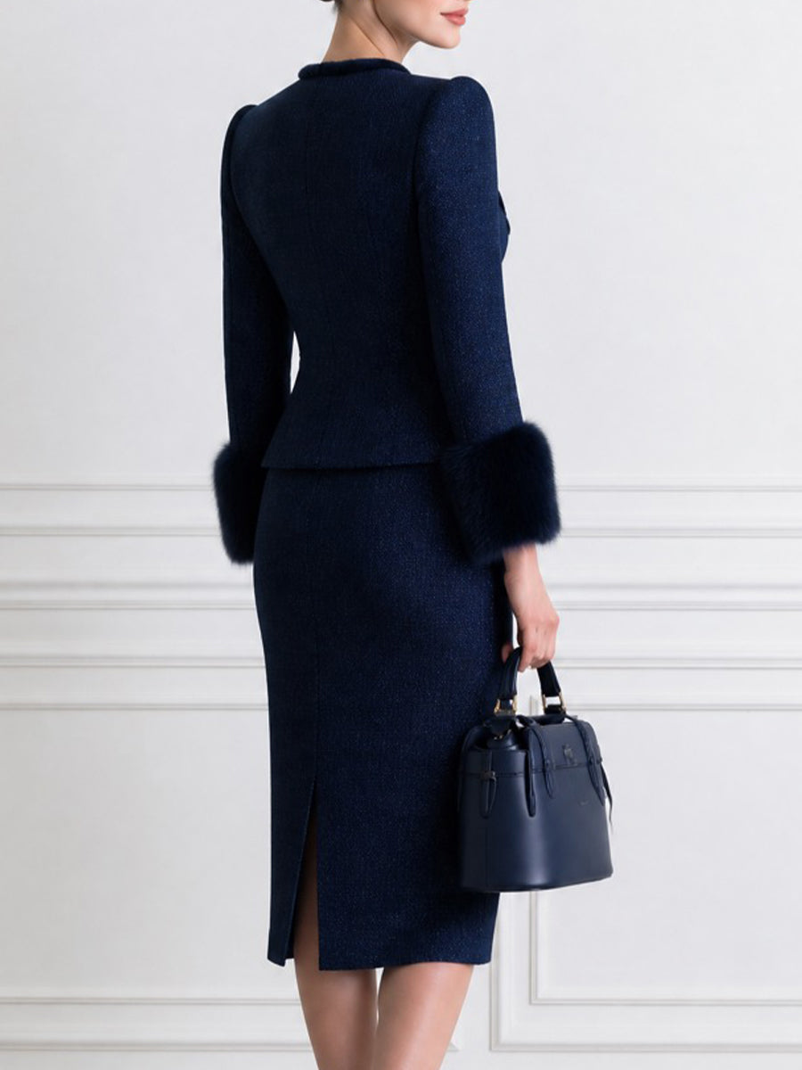 Elegant Navy Tweed Two-Piece Set with Fur Cuffs and Gold Buttons