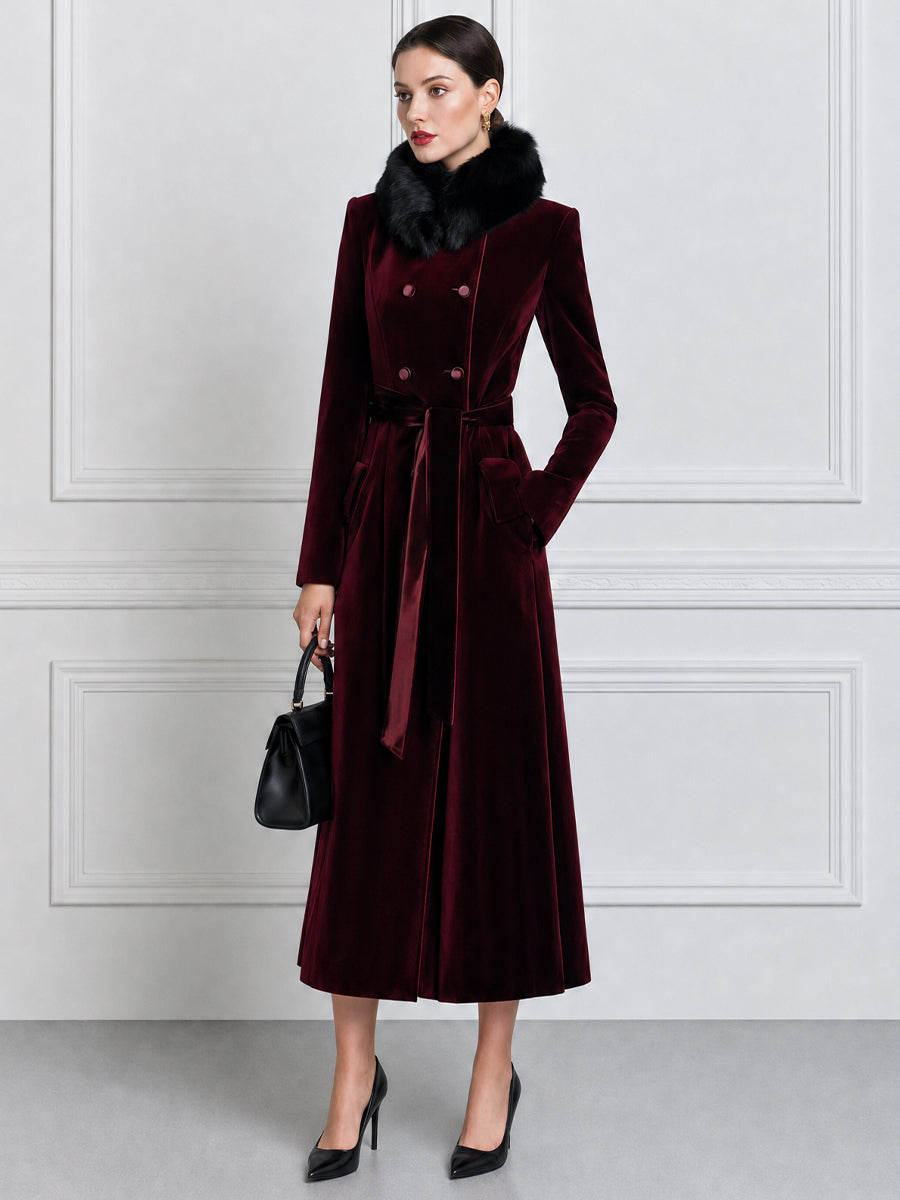 Women's Velvet Double-Breasted Long Coat with Faux Fur Collar