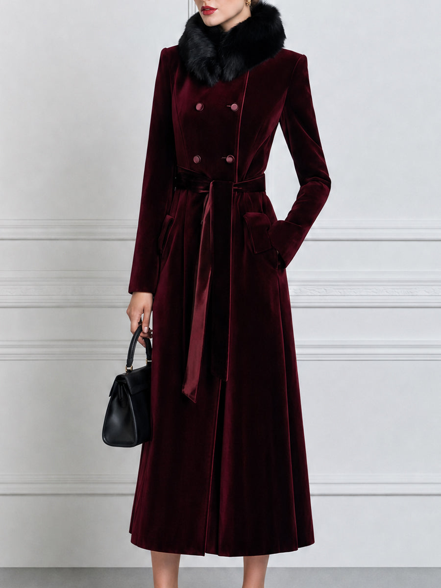Women's Velvet Double-Breasted Long Coat with Faux Fur Collar