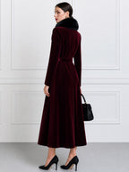 Women's Velvet Double-Breasted Long Coat with Faux Fur Collar