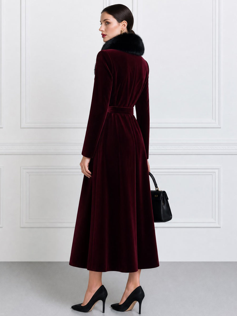 Women's Velvet Double-Breasted Long Coat with Faux Fur Collar