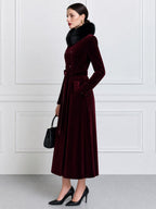 Women's Velvet Double-Breasted Long Coat with Faux Fur Collar