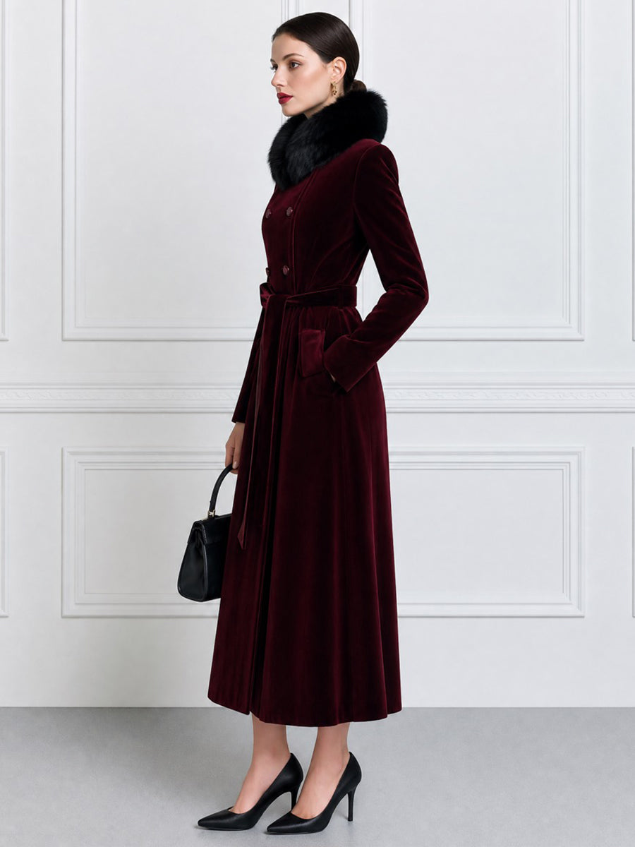 Women's Velvet Double-Breasted Long Coat with Faux Fur Collar