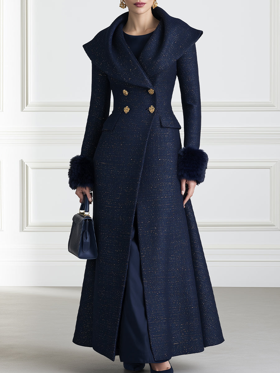 Elegant Navy Tweed Long Coat with Faux Fur Cuffs