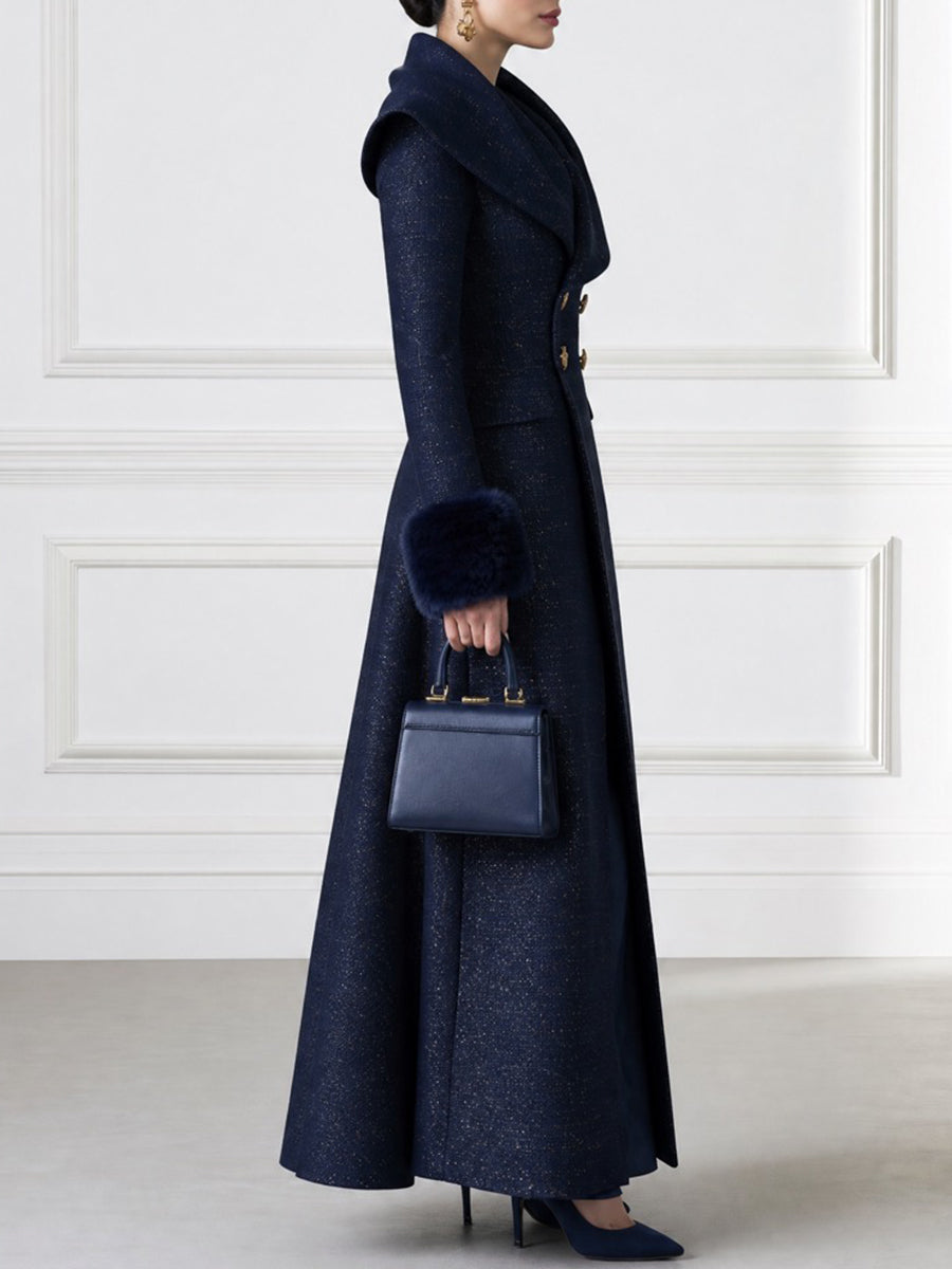 Elegant Navy Tweed Long Coat with Faux Fur Cuffs