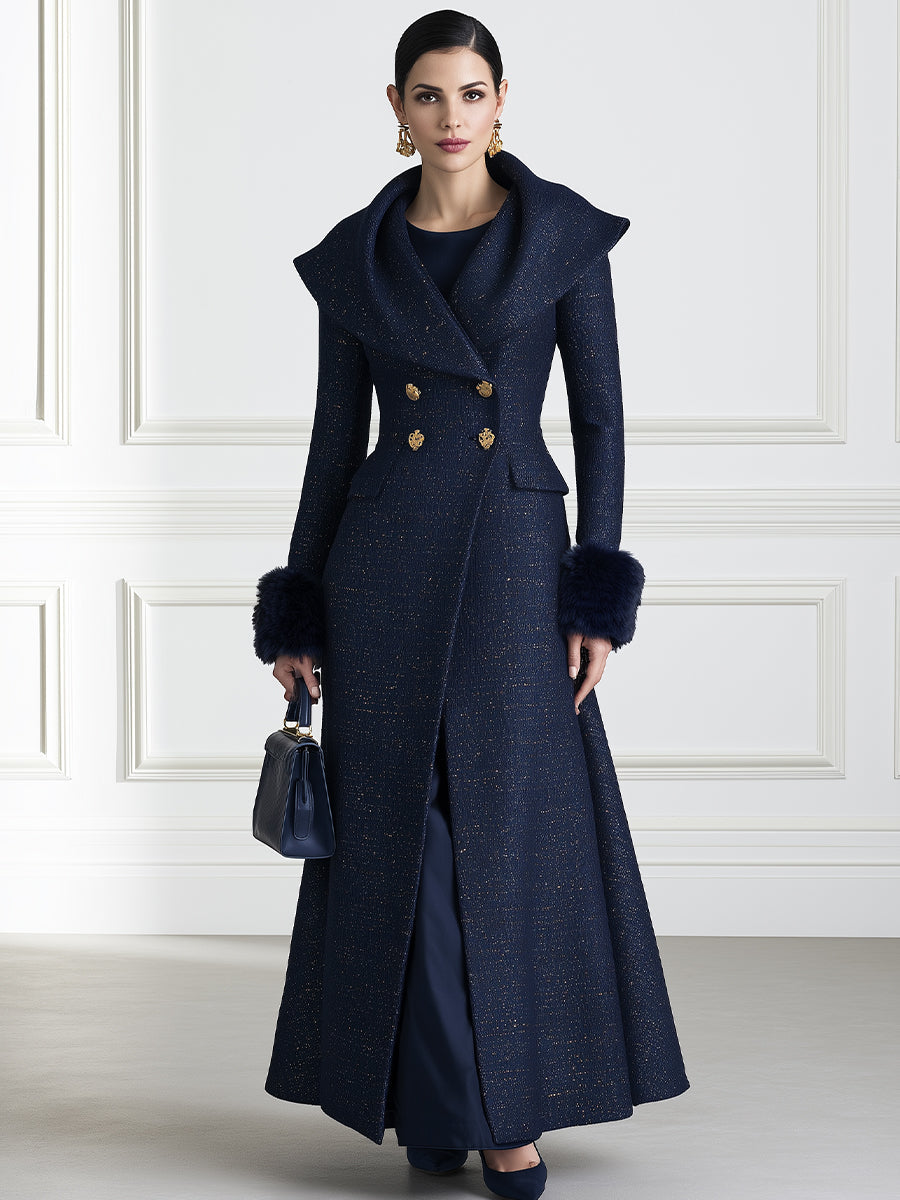 Elegant Navy Tweed Long Coat with Faux Fur Cuffs