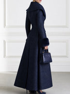 Elegant Navy Tweed Long Coat with Faux Fur Cuffs