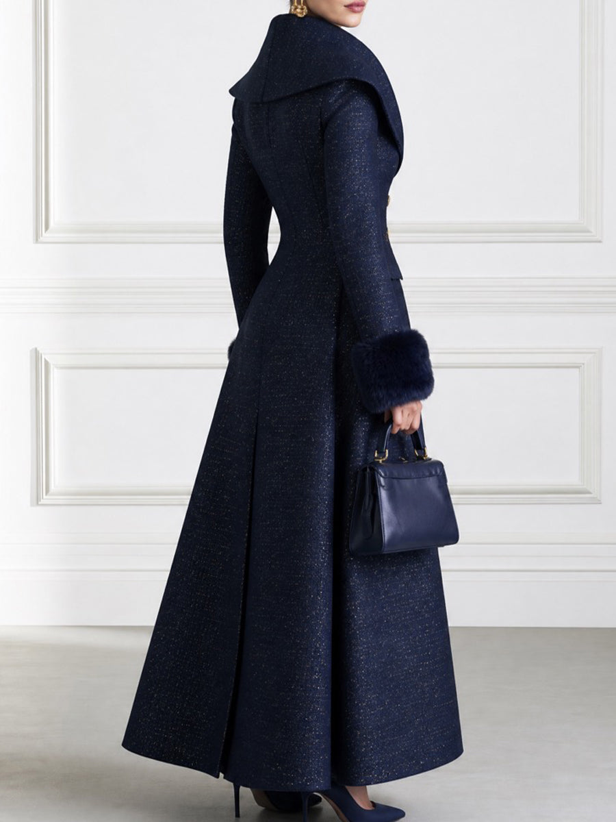 Elegant Navy Tweed Long Coat with Faux Fur Cuffs