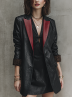 Edgy Black Faux Leather Burgundy-Lapel Leopard-Cuff Blazer