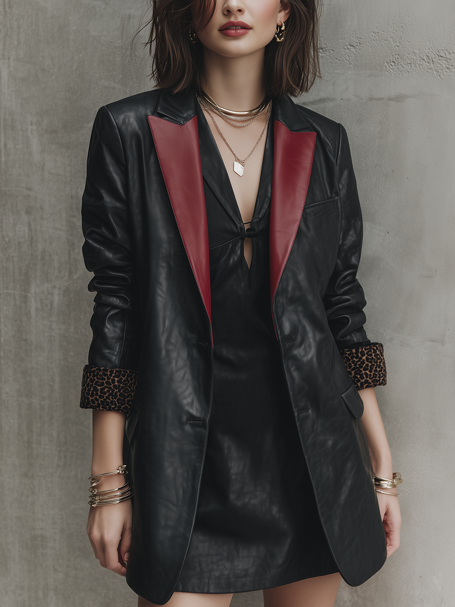 Edgy Black Faux Leather Burgundy-Lapel Leopard-Cuff Blazer
