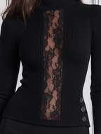 Black Lace Mock Neck Ribbed Knit Button Detail Blouse