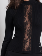 Black Lace Mock Neck Ribbed Knit Button Detail Blouse