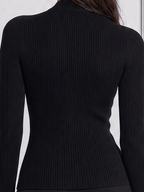 Black Lace Mock Neck Ribbed Knit Button Detail Blouse