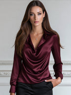 Elegant Office Satin Cowl Neck Long Sleeve Blouse
