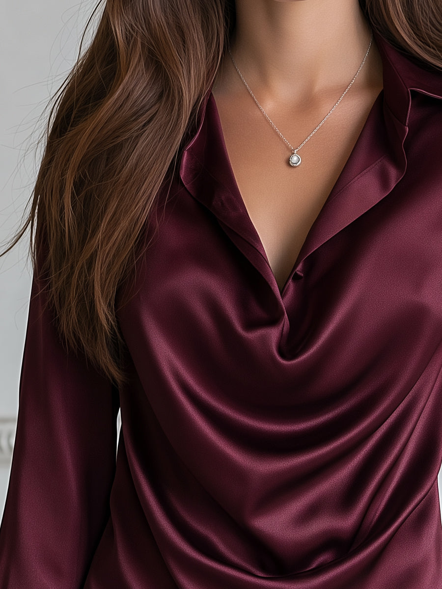 Elegant Office Satin Cowl Neck Long Sleeve Blouse