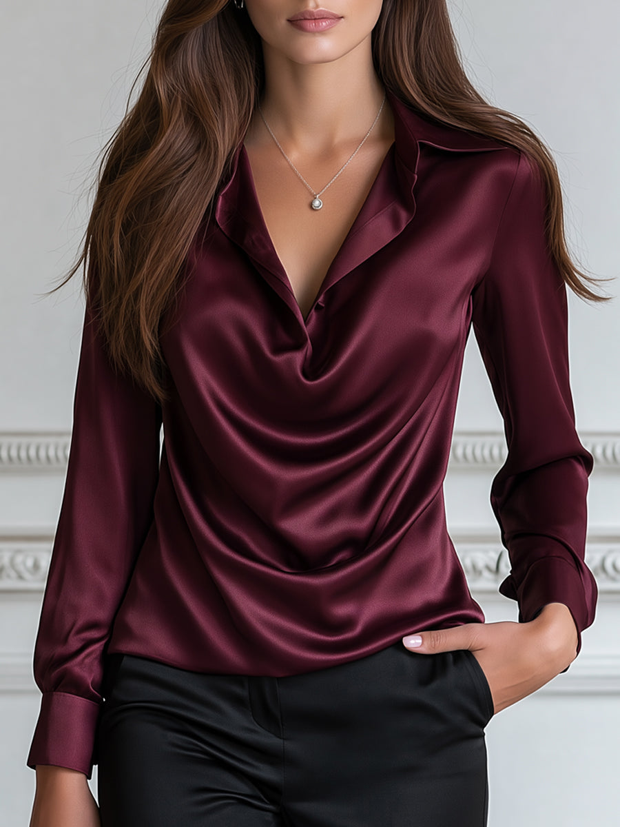 Elegant Office Satin Cowl Neck Long Sleeve Blouse