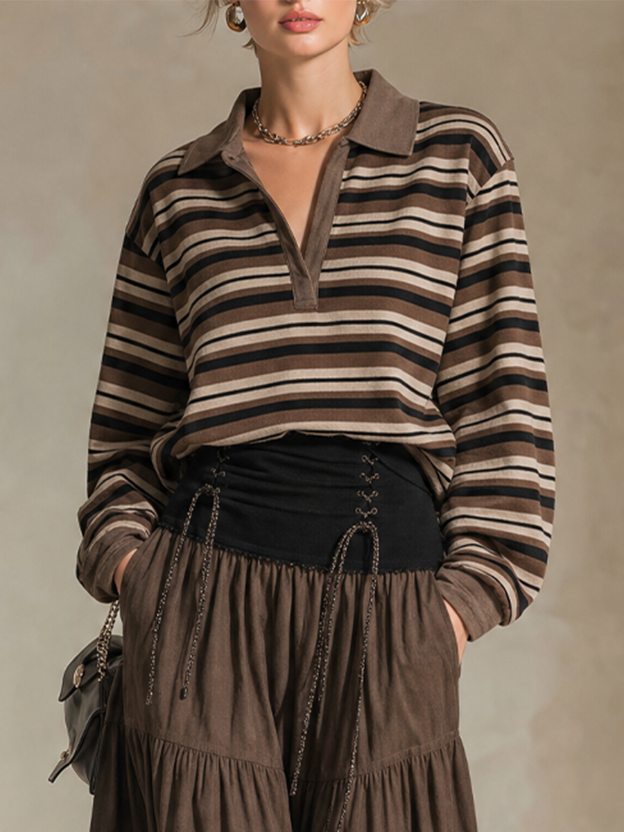 Earthy Boho Striped Polo Top & Tiered Maxi Skirt Set