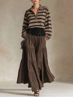 Earthy Boho Striped Polo Top & Tiered Maxi Skirt Set