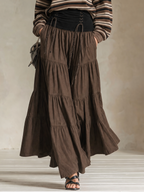 Earthy Boho Striped Polo Top & Tiered Maxi Skirt Set