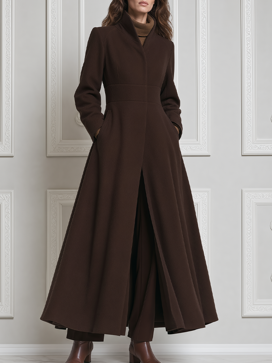 Brown Fall Fashion Stand Collar Belted A-Line Long Coat