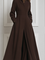Brown Fall Fashion Stand Collar Belted A-Line Long Coat