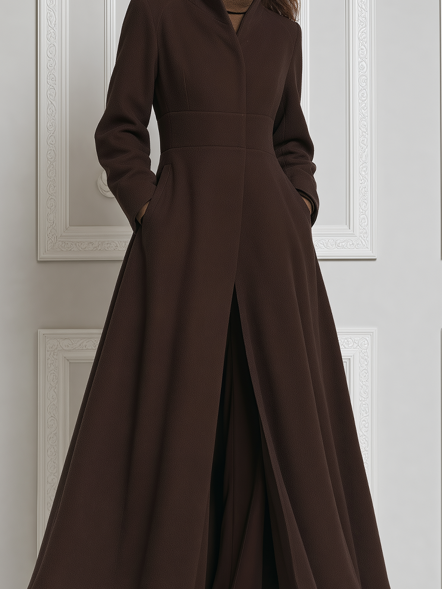 Brown Fall Fashion Stand Collar Belted A-Line Long Coat