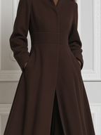 Brown Fall Fashion Stand Collar Belted A-Line Long Coat