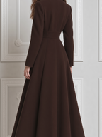 Brown Fall Fashion Stand Collar Belted A-Line Long Coat