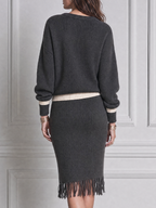 Stockholm Style Charcoal Knit Sweater & Fringe Skirt Set