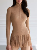 Women's Ribbed Half-Zip Sweater with Fringe Hem Long Sleeve Top