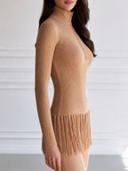 Women's Ribbed Half-Zip Sweater with Fringe Hem Long Sleeve Top