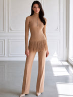 Women's Ribbed Half-Zip Sweater with Fringe Hem Long Sleeve Top