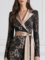 Elegant Floral Lace Satin Lapel Belted Wrap Midi Dress