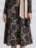 Elegant Floral Lace Satin Lapel Belted Wrap Midi Dress
