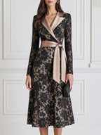 Elegant Floral Lace Satin Lapel Belted Wrap Midi Dress