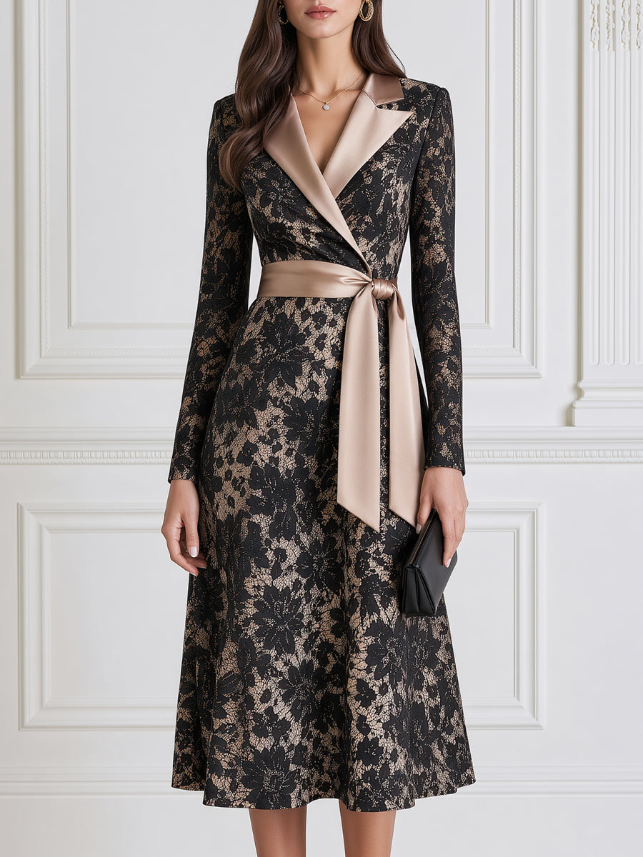 Elegant Floral Lace Satin Lapel Belted Wrap Midi Dress