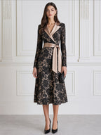 Elegant Floral Lace Satin Lapel Belted Wrap Midi Dress