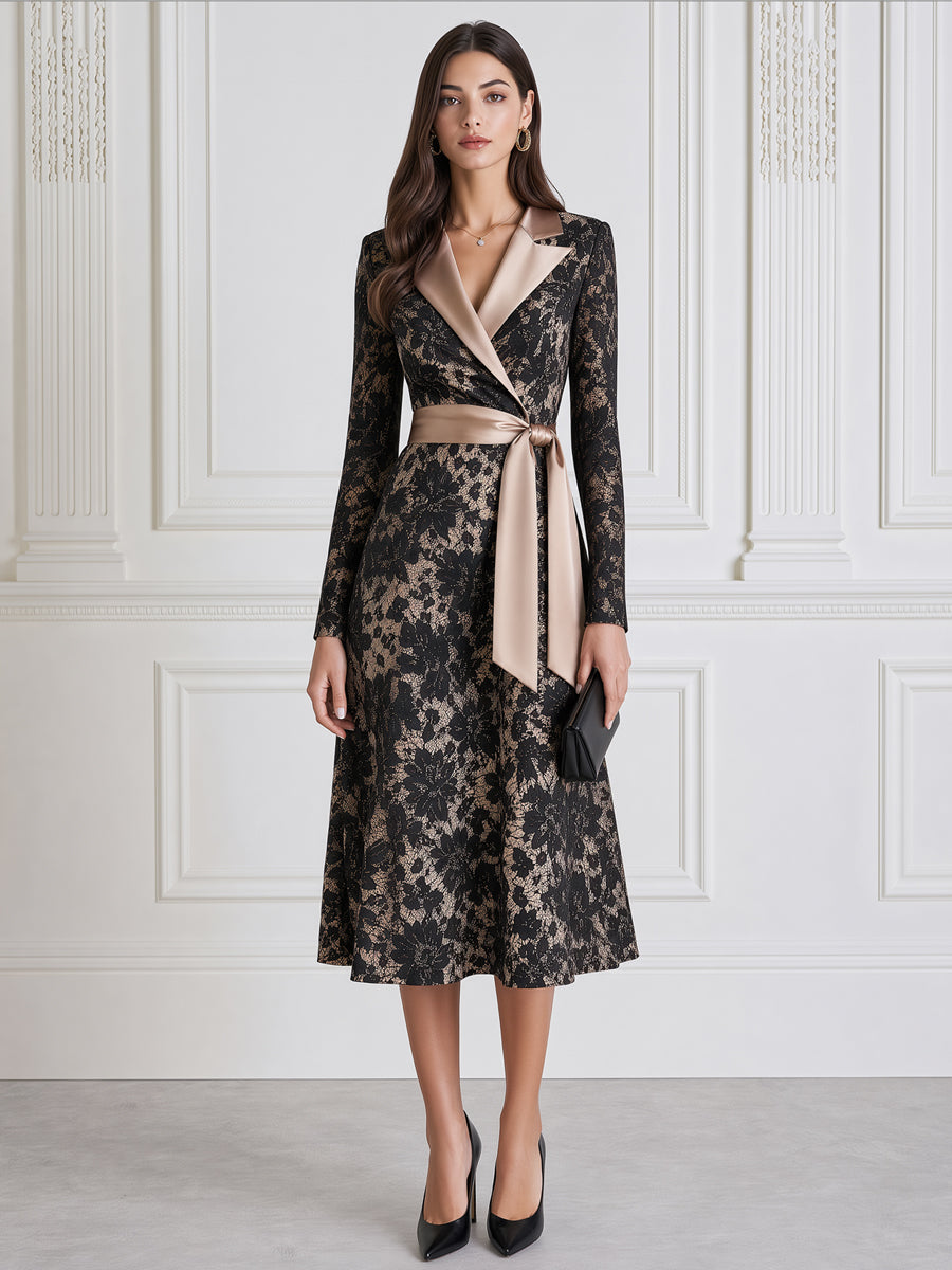 Elegant Floral Lace Satin Lapel Belted Wrap Midi Dress