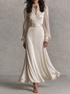 Vintage Lace Trim Satin Belted Long Sleeve Guest Maxi Dress