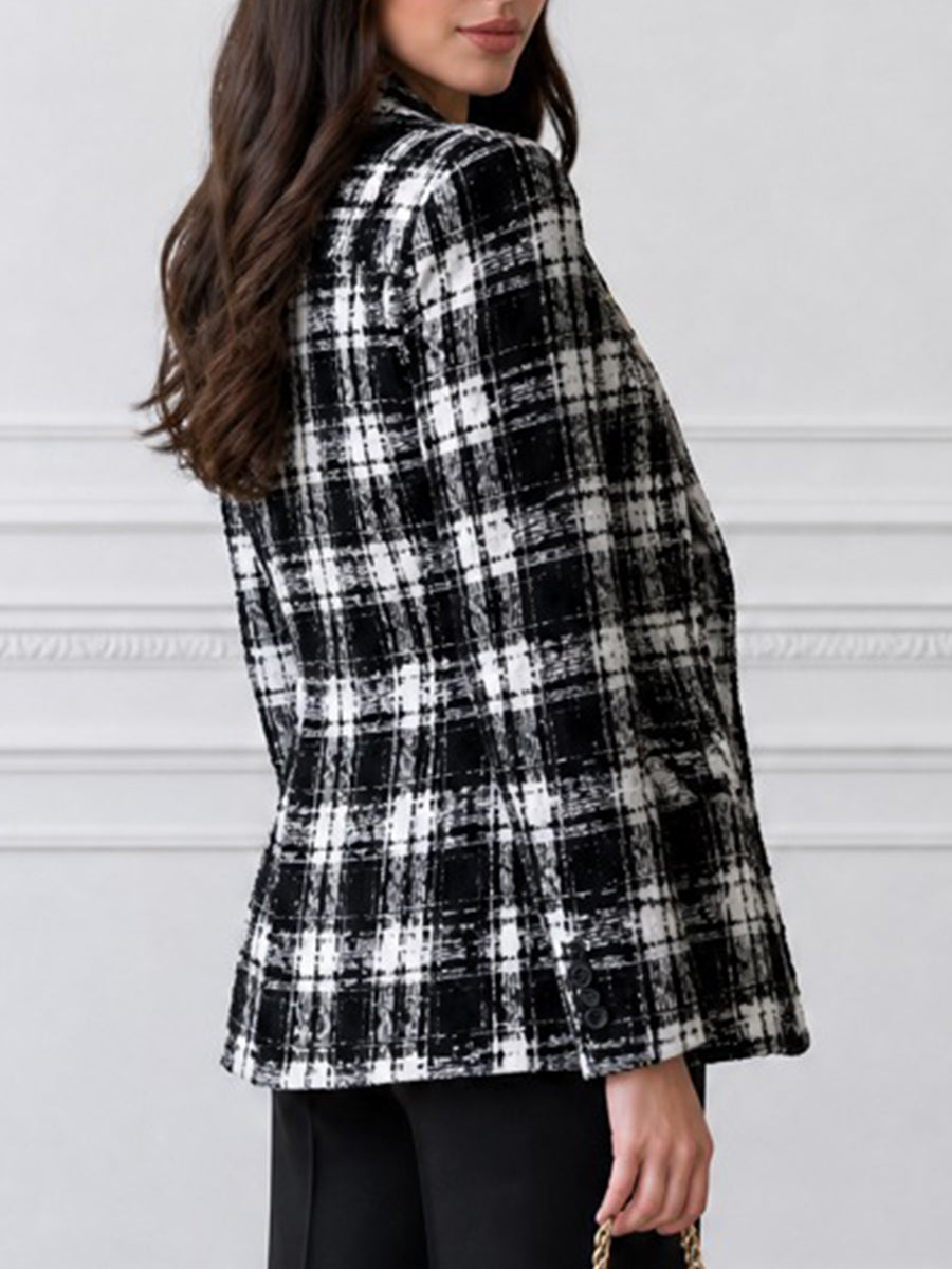 Women's Tweed Plaid Blazer Long Sleeve Tailored Jacket