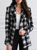 Women's Tweed Plaid Blazer Long Sleeve Tailored Jacket