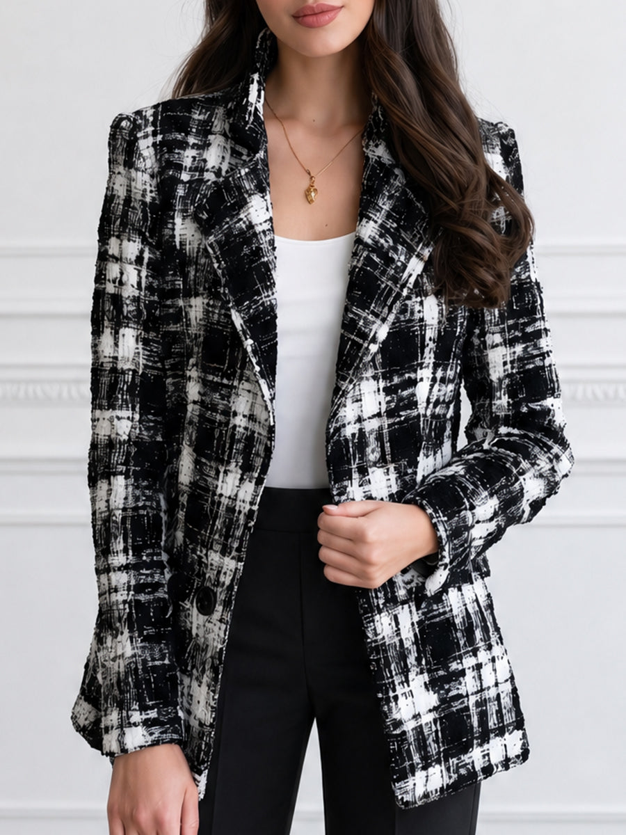 Women's Tweed Plaid Blazer Long Sleeve Tailored Jacket