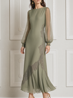 Olive Lace Fall Wedding Guest Dress Sheer Sleeve A-Line Midi Dress