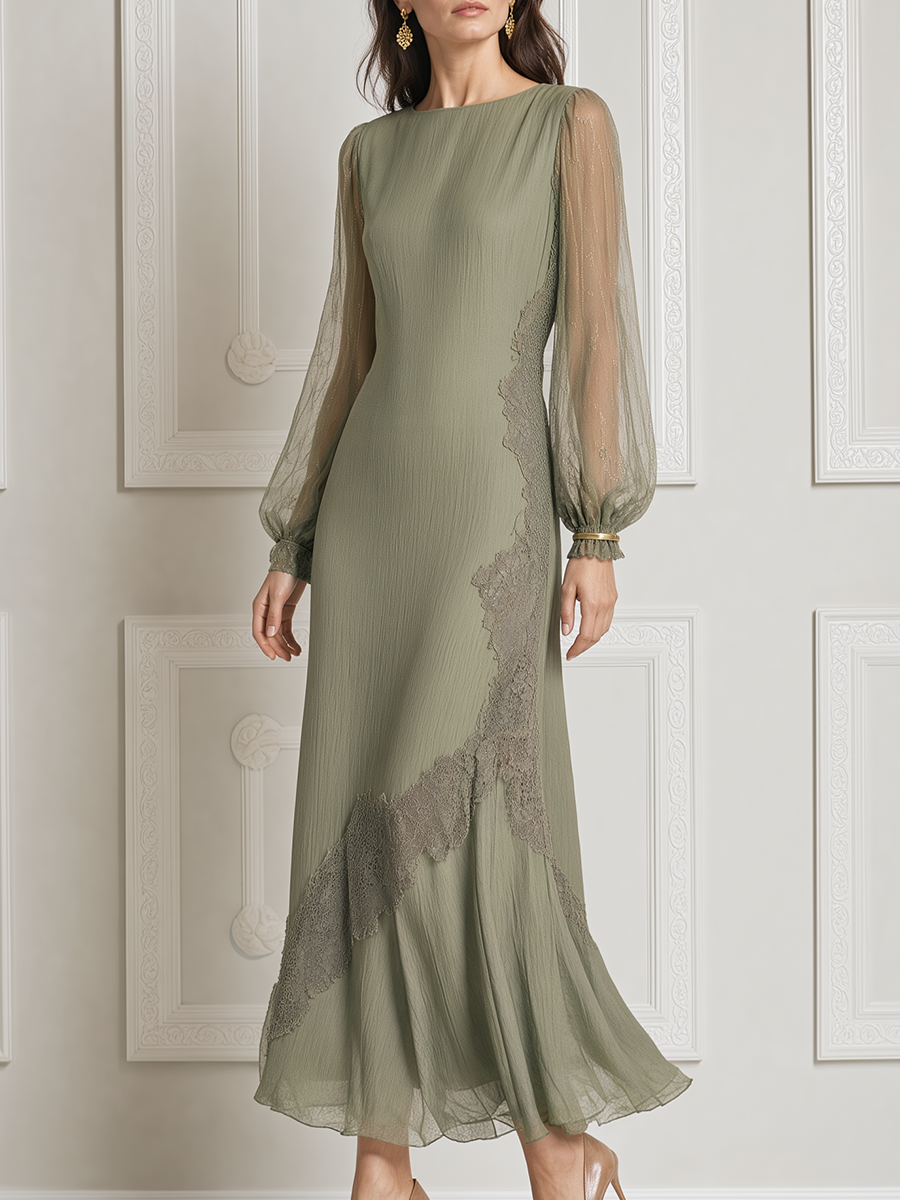 Olive Lace Fall Wedding Guest Dress Sheer Sleeve A-Line Midi Dress