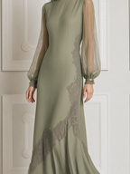 Olive Lace Fall Wedding Guest Dress Sheer Sleeve A-Line Midi Dress