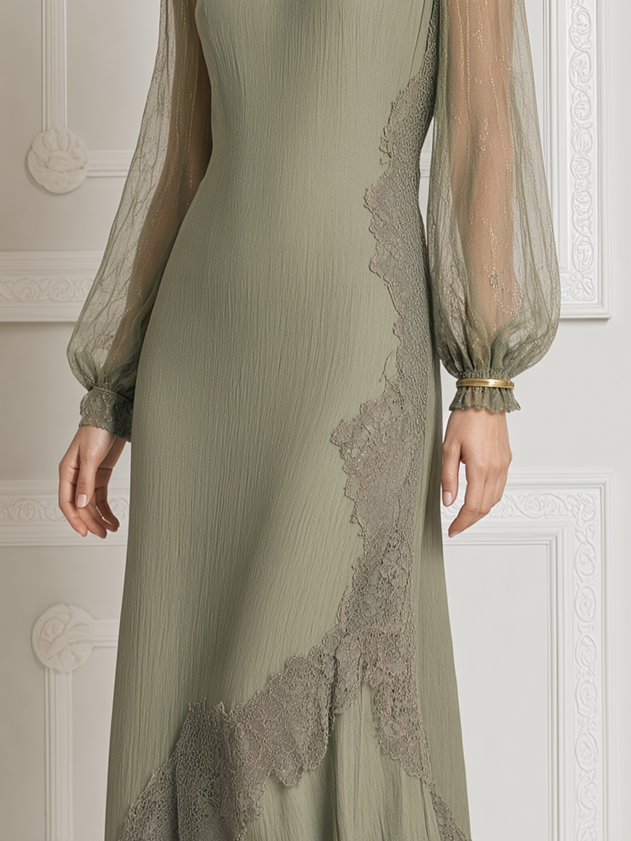 Olive Lace Fall Wedding Guest Dress Sheer Sleeve A-Line Midi Dress