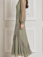 Olive Lace Fall Wedding Guest Dress Sheer Sleeve A-Line Midi Dress